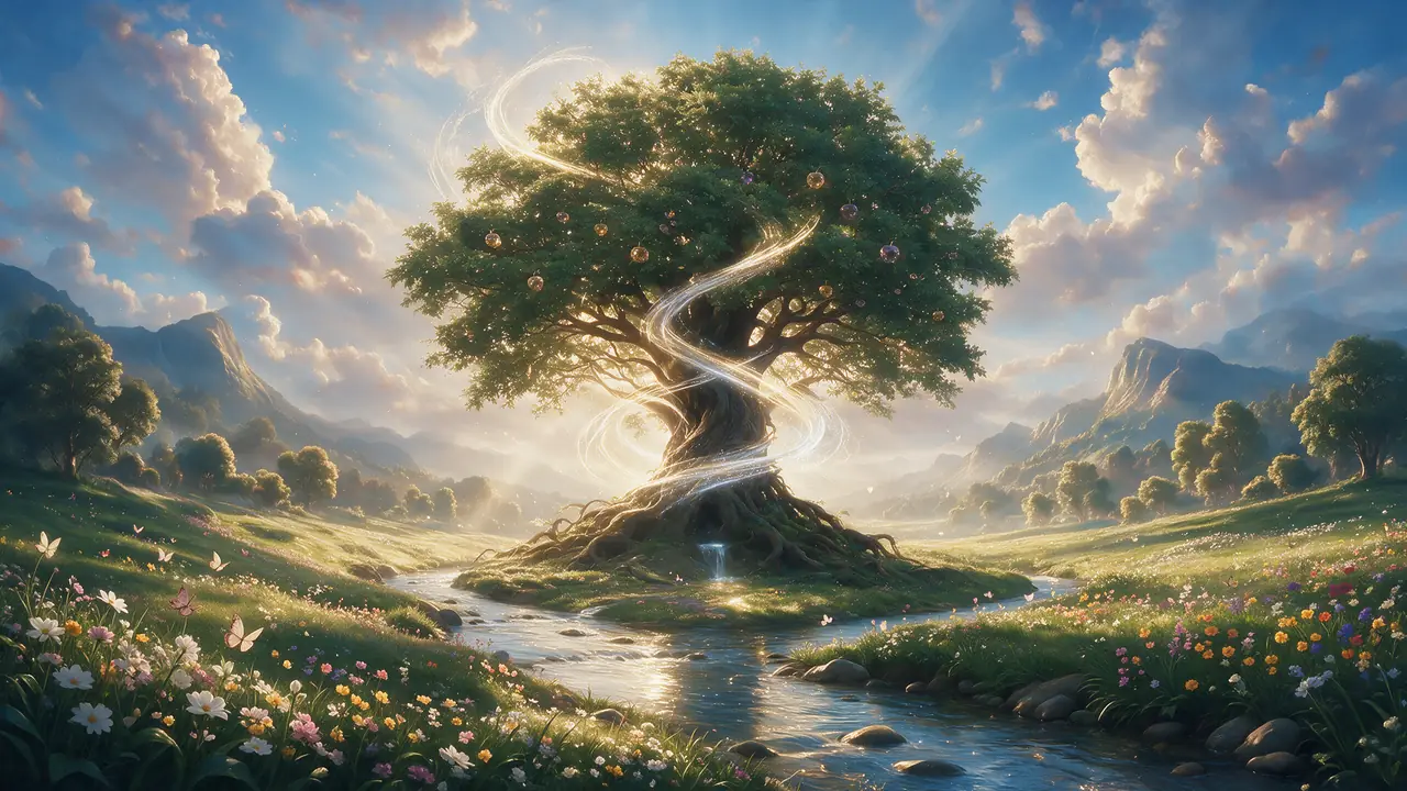 Der Baum des Lebens in Eden: ein Bach führt durch eine Blumenwiese zum Baum