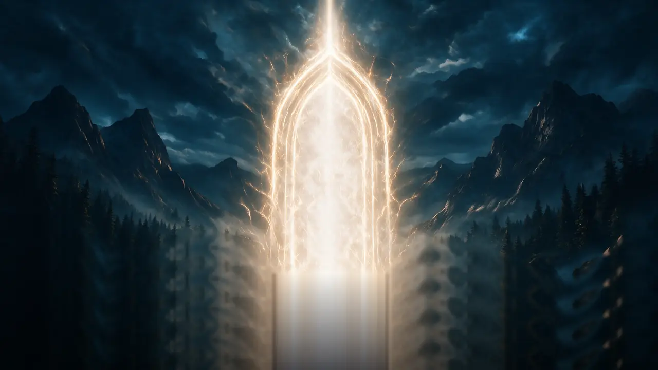 Ein Tor aus Licht mit gotischem Spitzbogen am Ende einer langen Steintreppe